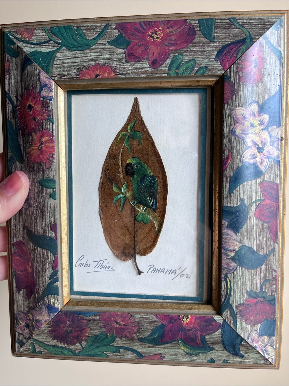 Parrot painted leaf framed artisan vintage Carlos Tiban of Panama ‘02 folk art